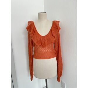 Free People Macaroon Ruffled-Neck Mohair Sweater XS Orange Pointelle Boho